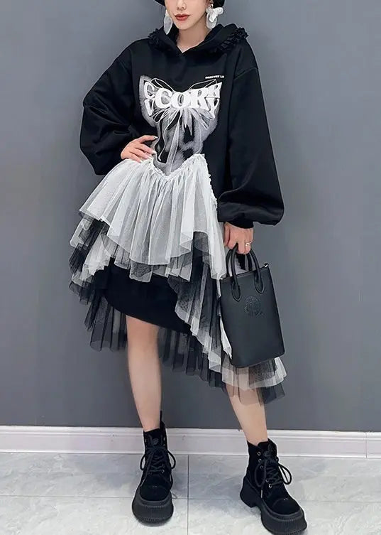 Style Black Hooded Wrinkled Asymmetrical Tulle Patchwork Cotton Dresses Fall Ada Fashion