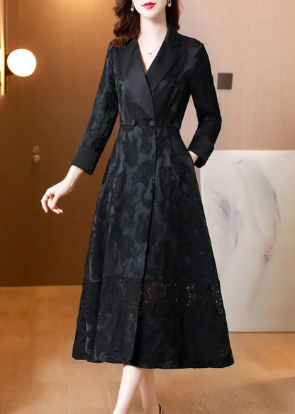 Style Black Jacquard Pockets Hollow Out Patchwork Cotton Coat Fall Ada Fashion