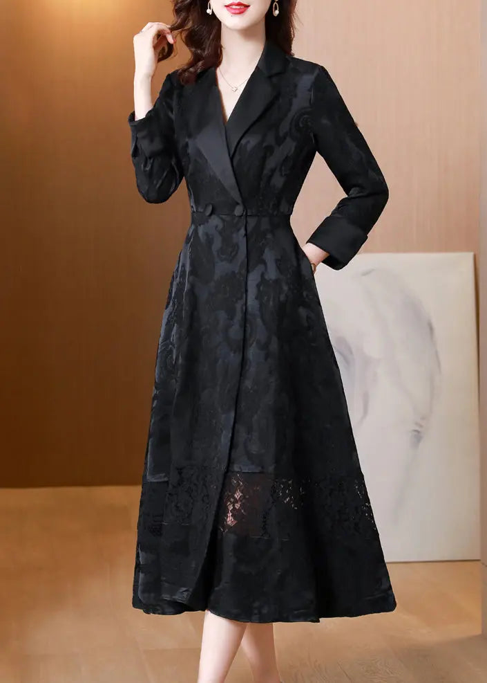 Style Black Jacquard Pockets Hollow Out Patchwork Cotton Coat Fall Ada Fashion