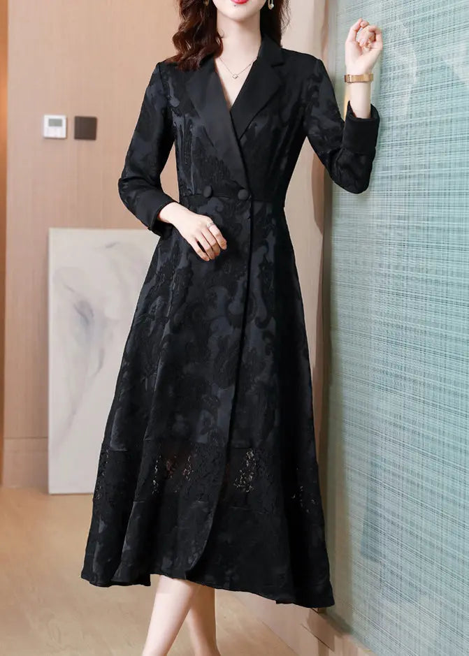 Style Black Jacquard Pockets Hollow Out Patchwork Cotton Coat Fall Ada Fashion