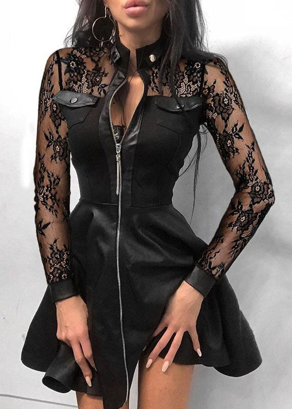 Style Black Lace Zip Up Patchwork Faux Leather Mid Dress Long Sleeve LY7363 - fabuloryshop