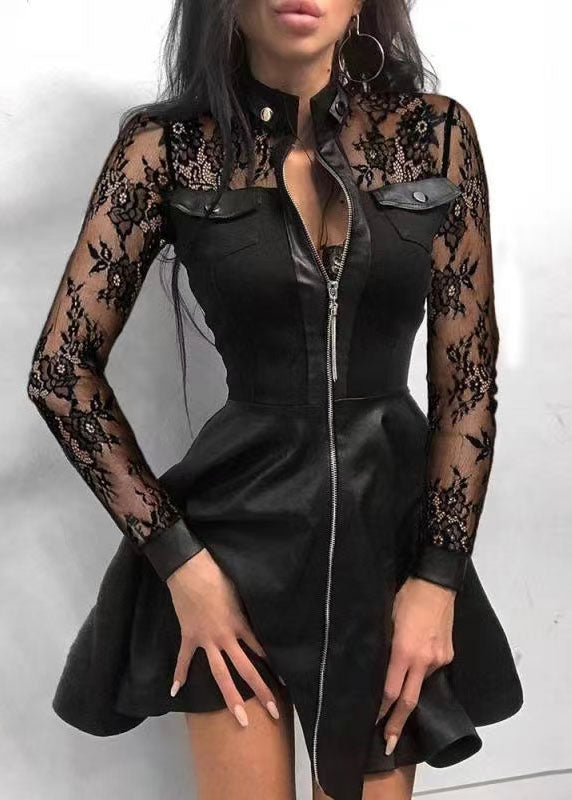 Style Black Lace Zip Up Patchwork Faux Leather Mid Dress Long Sleeve LY7363 - fabuloryshop