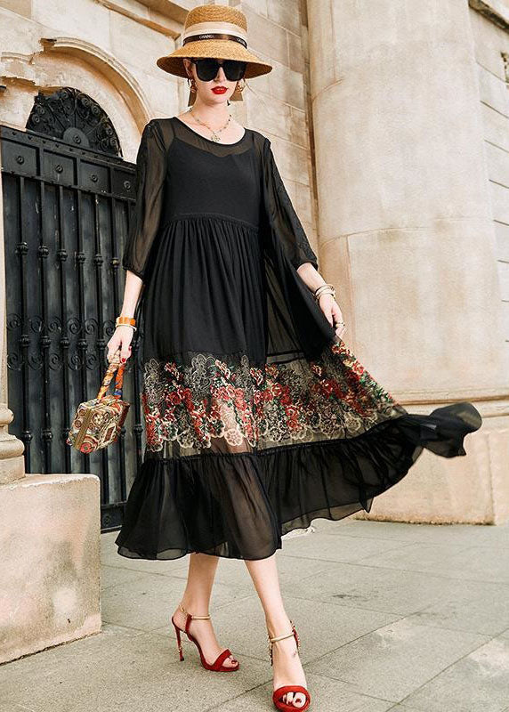 Style Black O Neck Embroideried Patchwork Silk Dress Bracelet Sleeve LC0246 - fabuloryshop