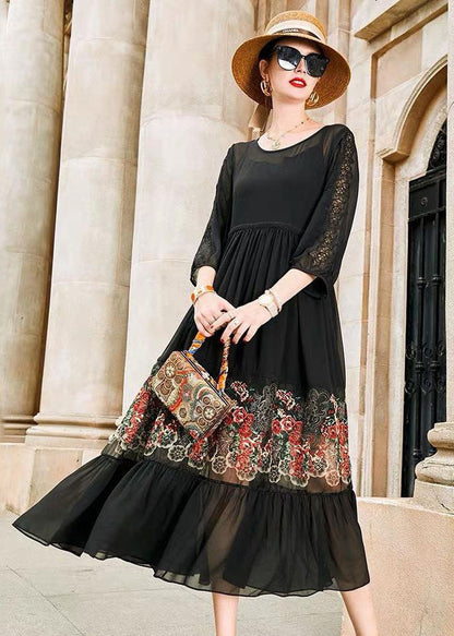 Style Black O Neck Embroideried Patchwork Silk Dress Bracelet Sleeve LC0246 - fabuloryshop