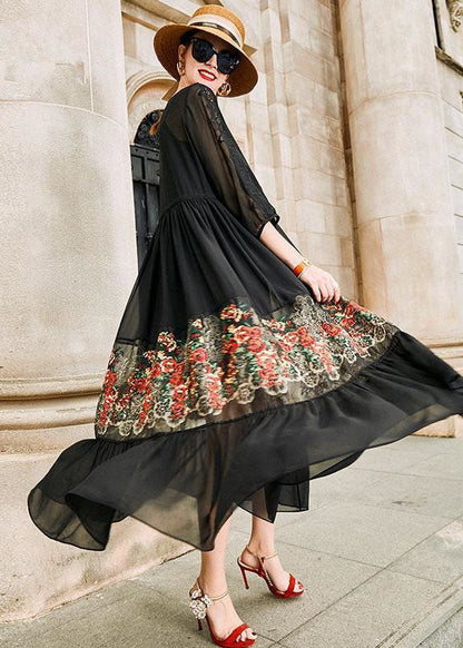 Style Black O Neck Embroideried Patchwork Silk Dress Bracelet Sleeve LC0246 - fabuloryshop