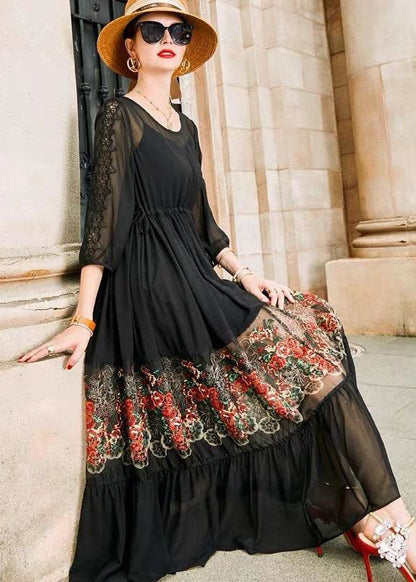 Style Black O Neck Embroideried Patchwork Silk Dress Bracelet Sleeve LC0246 - fabuloryshop