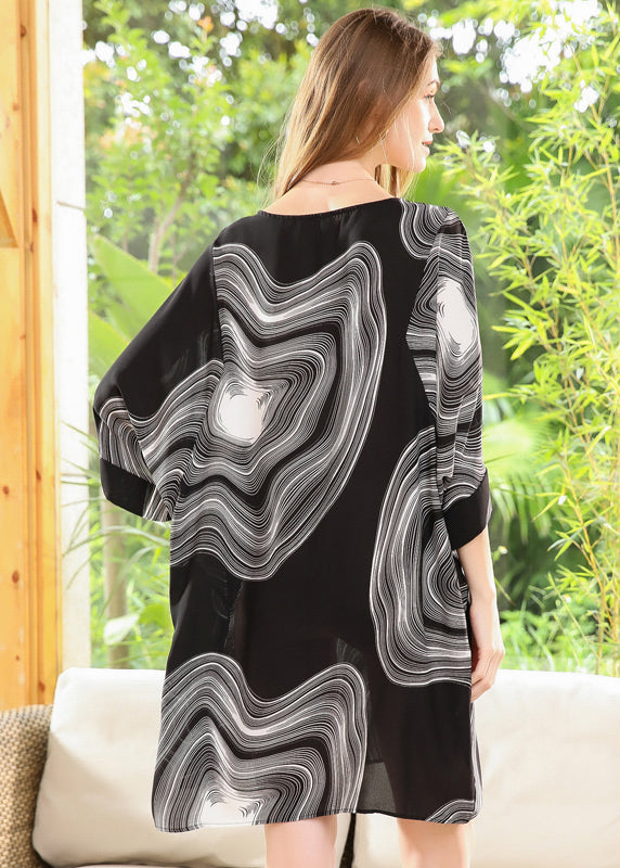 Style Black O-Neck Oversized Print Chiffon Robe Dresses Batwing Sleeve LY0341 - fabuloryshop