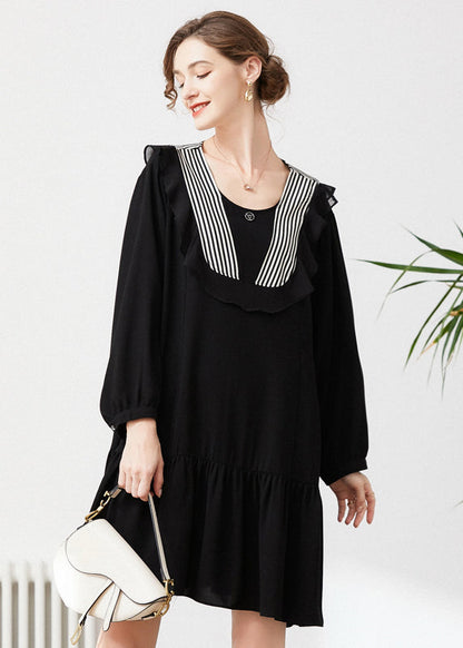 Style Black O-Neck Patchwork Ruffles Chiffon Party Dress Spring LY0292 - fabuloryshop