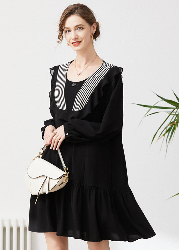 Style Black O-Neck Patchwork Ruffles Chiffon Party Dress Spring LY0292 - fabuloryshop