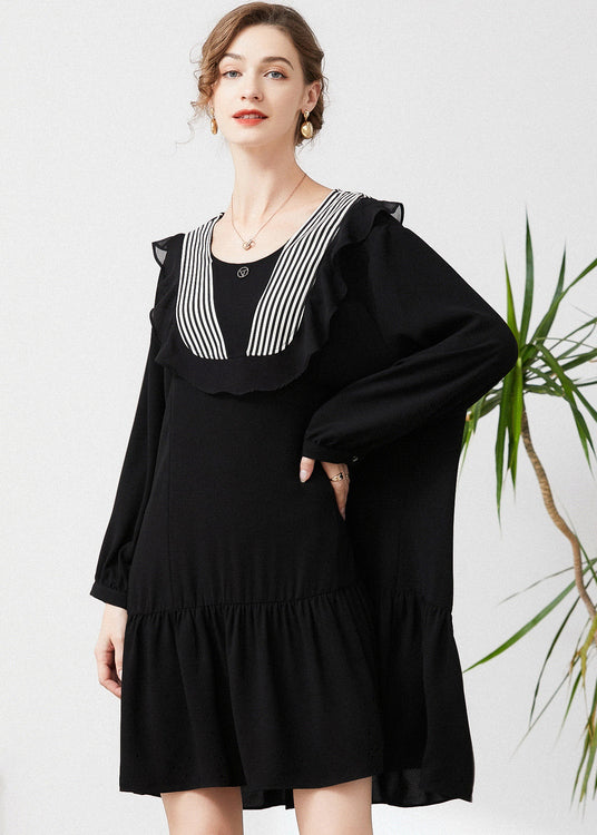 Style Black O-Neck Patchwork Ruffles Chiffon Party Dress Spring LY0292 - fabuloryshop