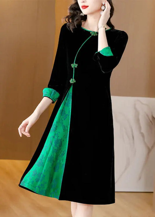 Style Black O-Neck Print Patchwork Button Silk Velour Maxi Dresses Fall Ada Fashion