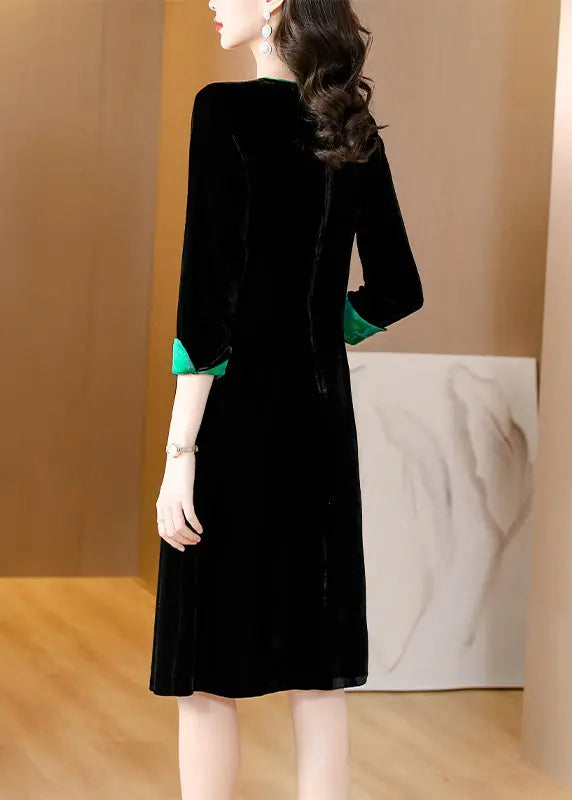 Style Black O-Neck Print Patchwork Button Silk Velour Maxi Dresses Fall Ada Fashion