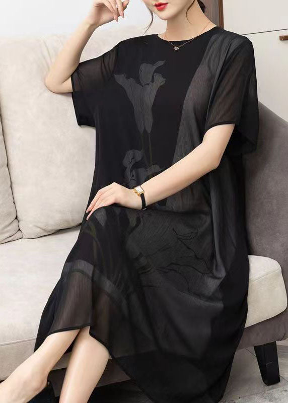 Style Black O Neck Print Patchwork Chiffon Dress Summer Ada Fashion