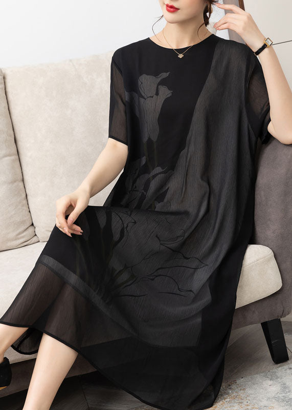 Style Black O Neck Print Patchwork Chiffon Dress Summer Ada Fashion