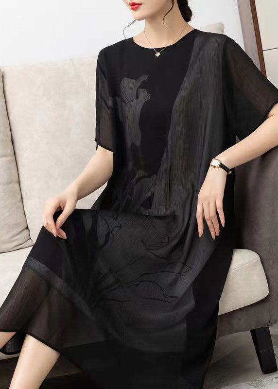 Style Black O Neck Print Patchwork Chiffon Dress Summer Ada Fashion