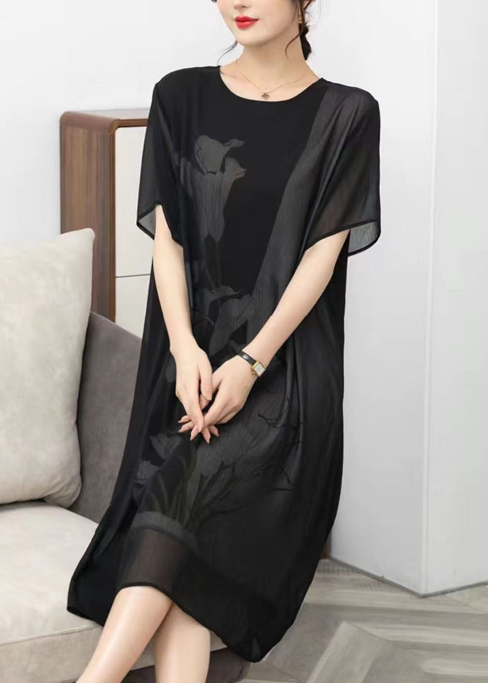 Style Black O Neck Print Patchwork Chiffon Dress Summer Ada Fashion