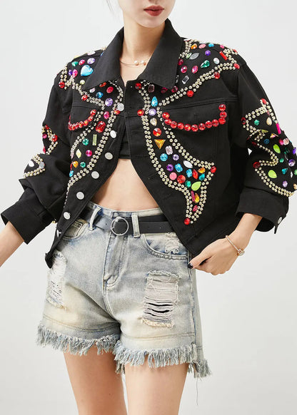 Style Black Oversized Gemstone Denim Jacket Fall Ada Fashion