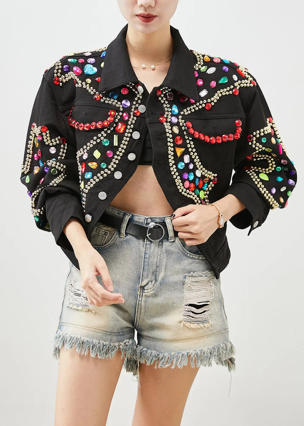 Style Black Oversized Gemstone Denim Jacket Fall Ada Fashion