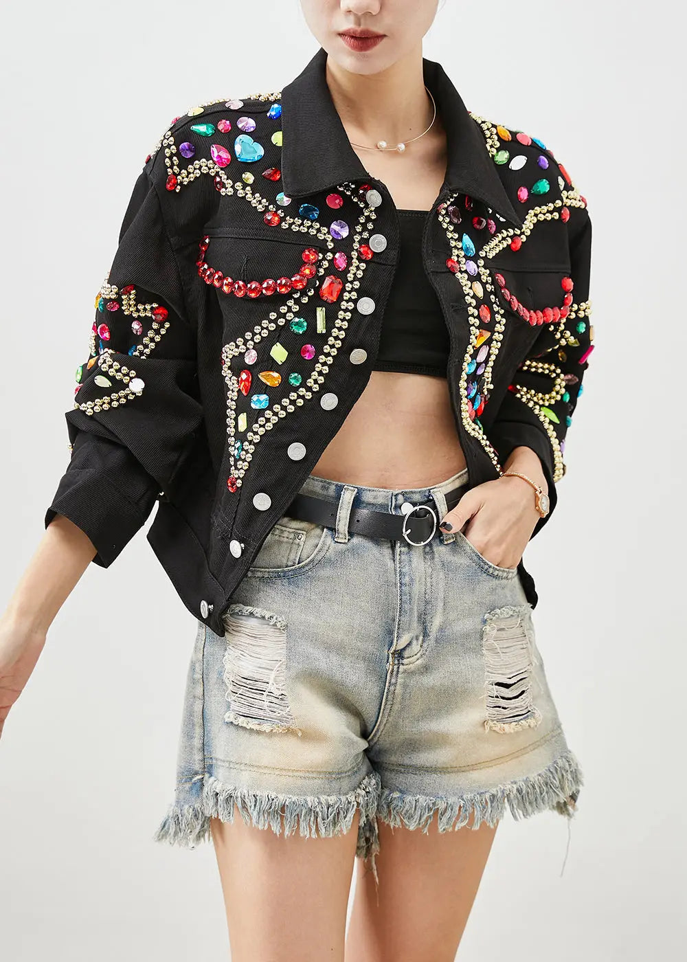 Style Black Oversized Gemstone Denim Jacket Fall Ada Fashion