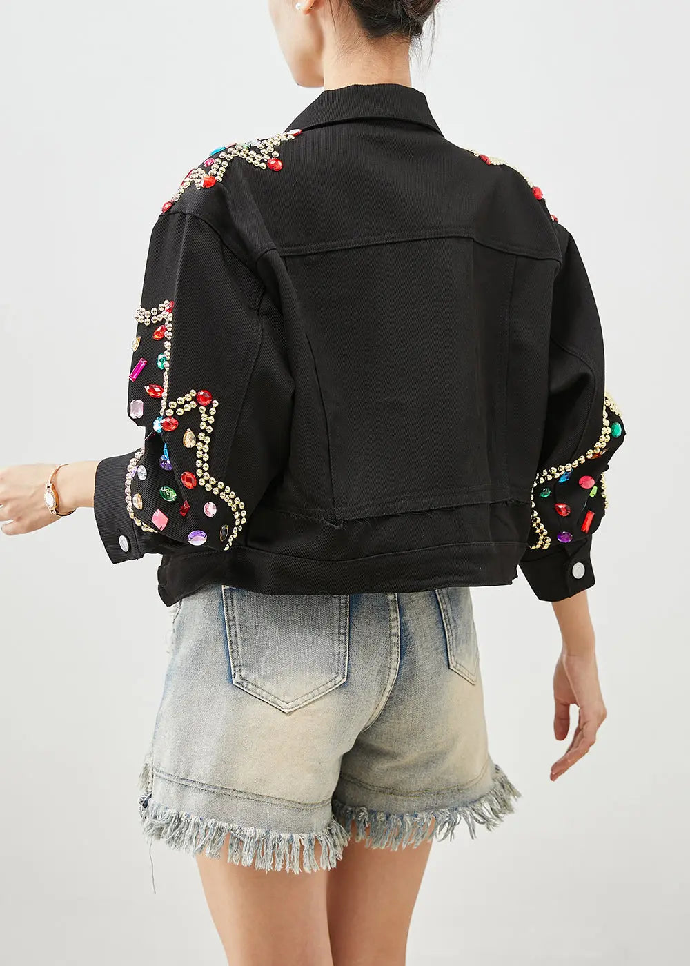 Style Black Oversized Gemstone Denim Jacket Fall Ada Fashion