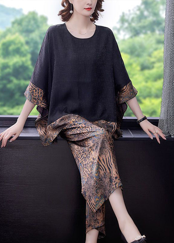 Style Black Oversized Patchwork Print Silk Two Pieces Set Summer LY2670 - fabuloryshop