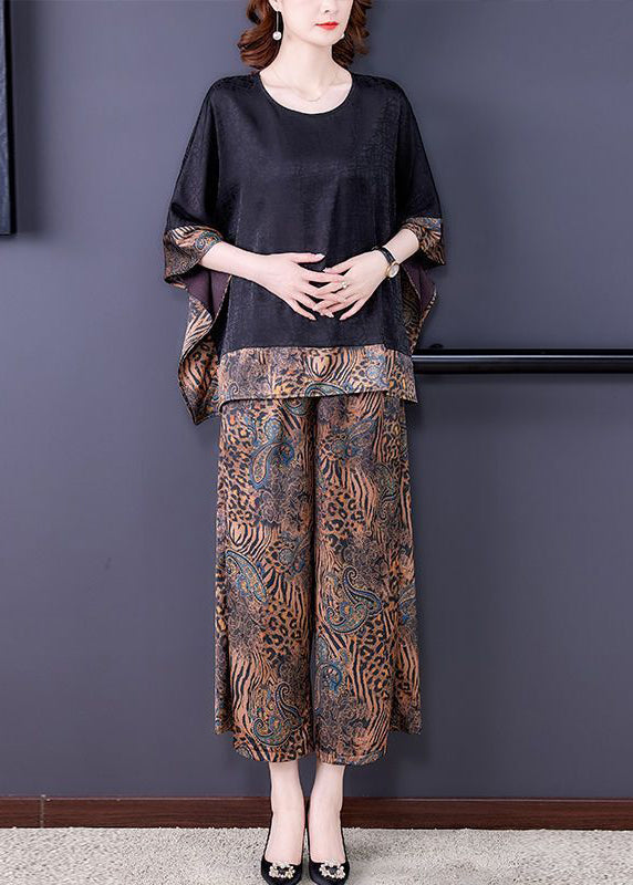 Style Black Oversized Patchwork Print Silk Two Pieces Set Summer LY2670 - fabuloryshop