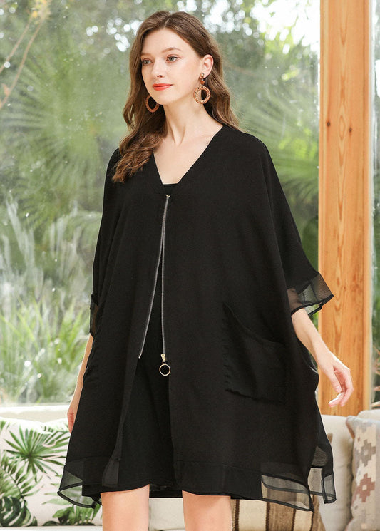 Style Black Oversized Zip Up Pockets Chiffon Coat Batwing Sleeve LY0254 - fabuloryshop