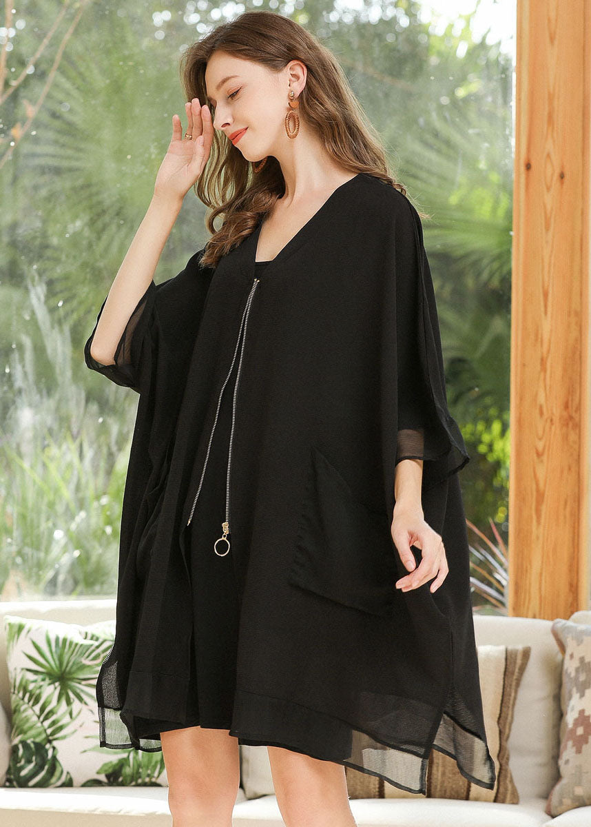 Style Black Oversized Zip Up Pockets Chiffon Coat Batwing Sleeve LY0254 - fabuloryshop