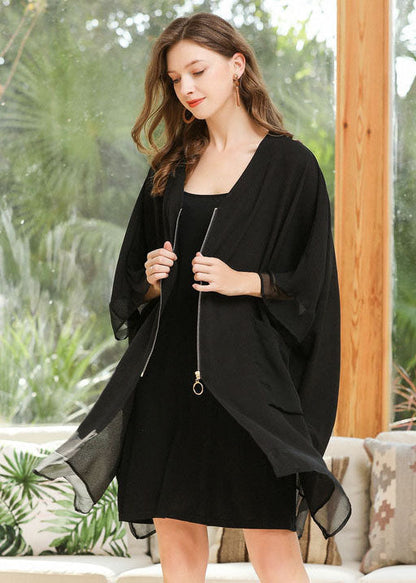 Style Black Oversized Zip Up Pockets Chiffon Coat Batwing Sleeve LY0254 - fabuloryshop