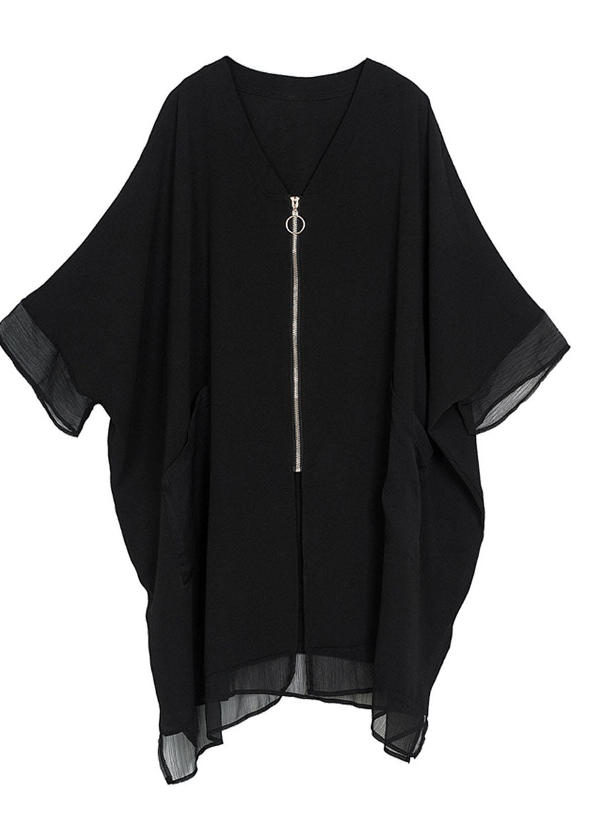 Style Black Oversized Zip Up Pockets Chiffon Coat Batwing Sleeve LY0254 - fabuloryshop