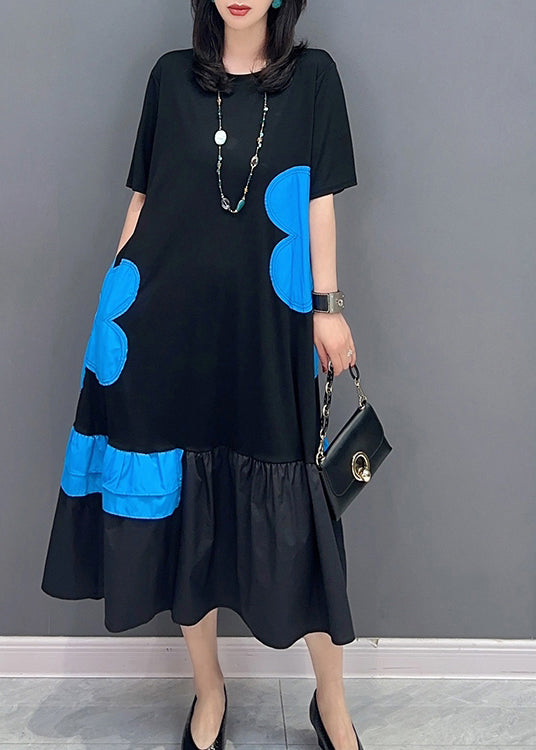 Style Black Patchwork Blue O-Neck Print Vacation Long Dresses Summer LC0312 - fabuloryshop