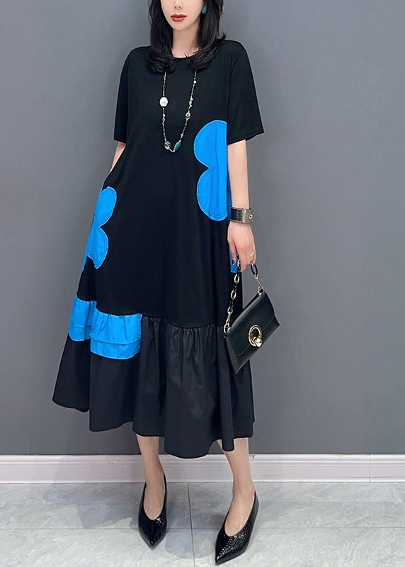 Style Black Patchwork Blue O-Neck Print Vacation Long Dresses Summer LC0312 - fabuloryshop