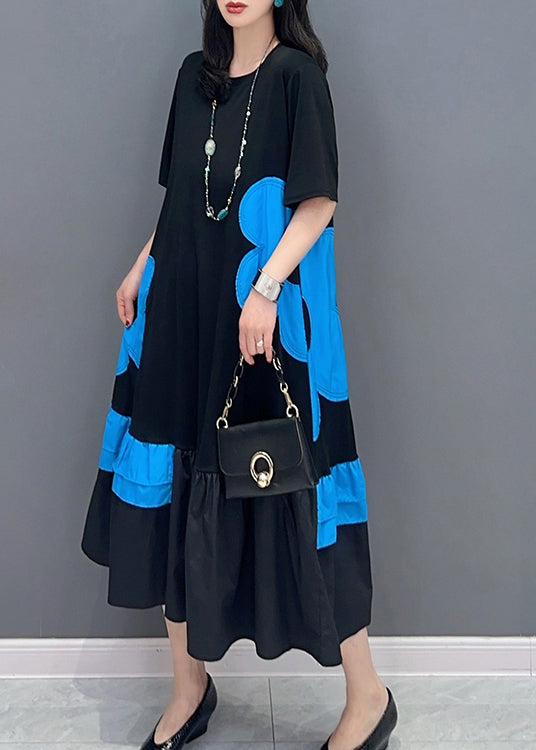 Style Black Patchwork Blue O-Neck Print Vacation Long Dresses Summer LC0312 - fabuloryshop