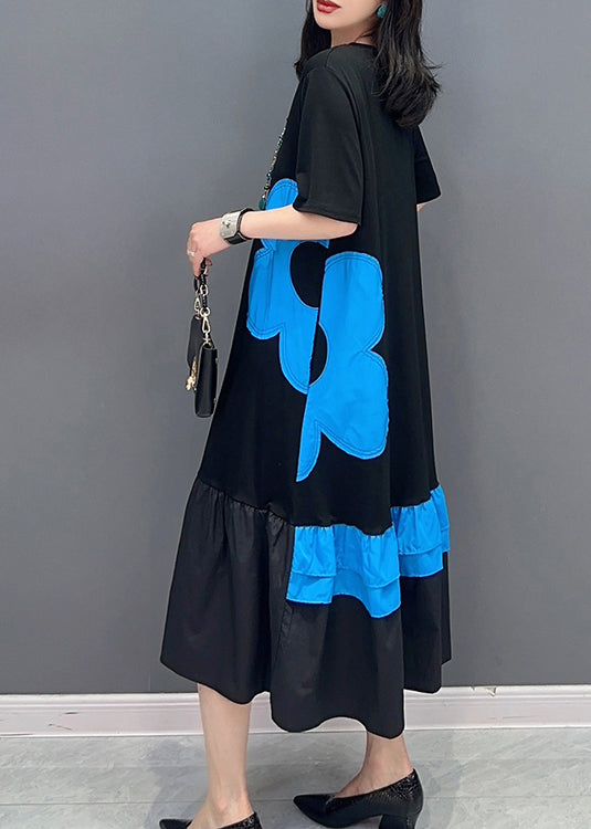 Style Black Patchwork Blue O-Neck Print Vacation Long Dresses Summer LC0312 - fabuloryshop