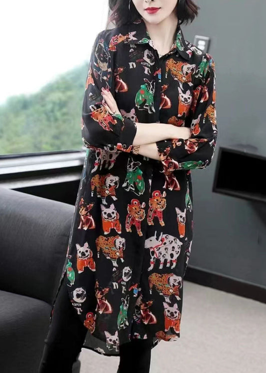 Style Black Peter Pan Collar Animal Print Patchwork Chiffon Shirts Summer LY6733 - fabuloryshop