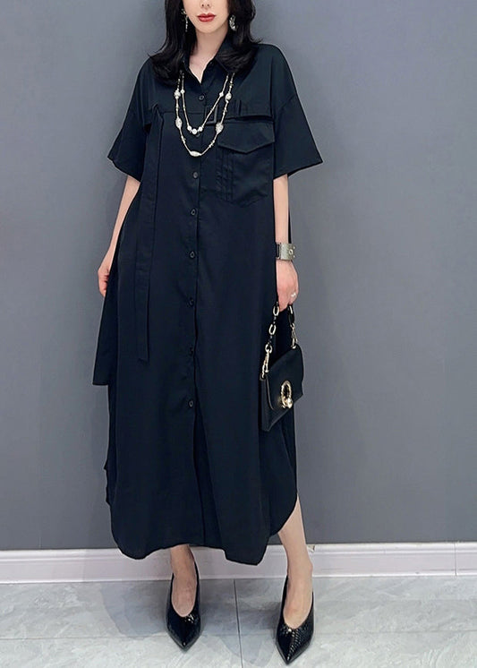 Style Black Peter Pan Collar Button Solid Maxi Shirts Dress Summer LC0302 - fabuloryshop