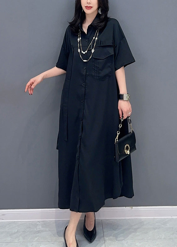 Style Black Peter Pan Collar Button Solid Maxi Shirts Dress Summer LC0302 - fabuloryshop