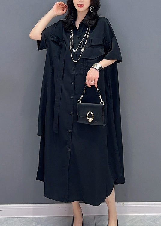 Style Black Peter Pan Collar Button Solid Maxi Shirts Dress Summer LC0302 - fabuloryshop