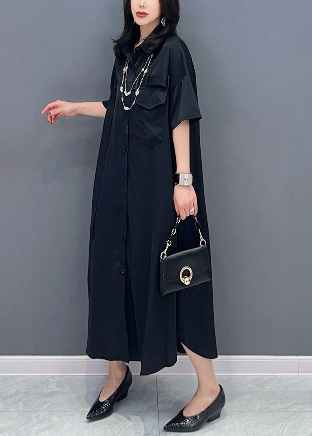 Style Black Peter Pan Collar Button Solid Maxi Shirts Dress Summer LC0302 - fabuloryshop