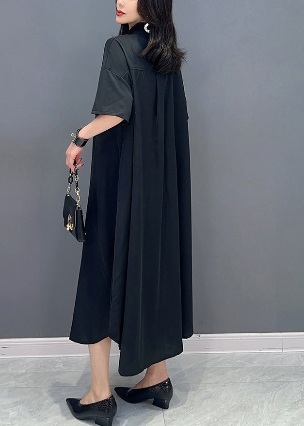 Style Black Peter Pan Collar Button Solid Maxi Shirts Dress Summer LC0302 - fabuloryshop