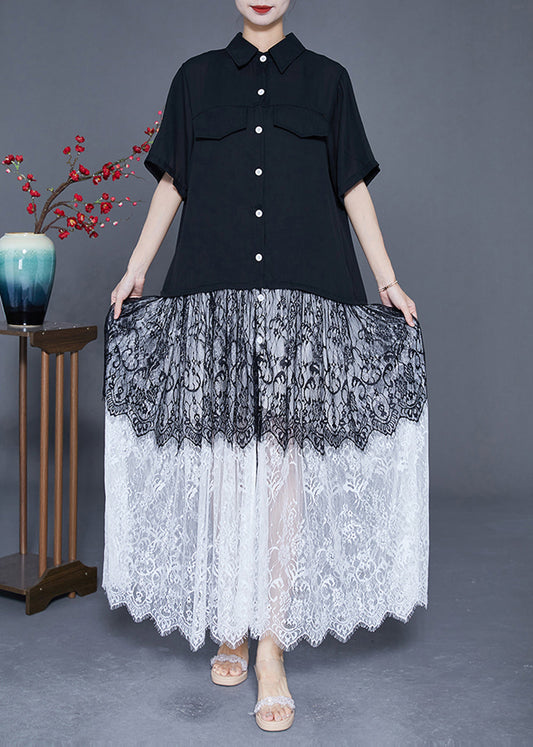 Style Black Peter Pan Collar Lace Patchwork Chiffon Long Dress Summer LY3645 - fabuloryshop