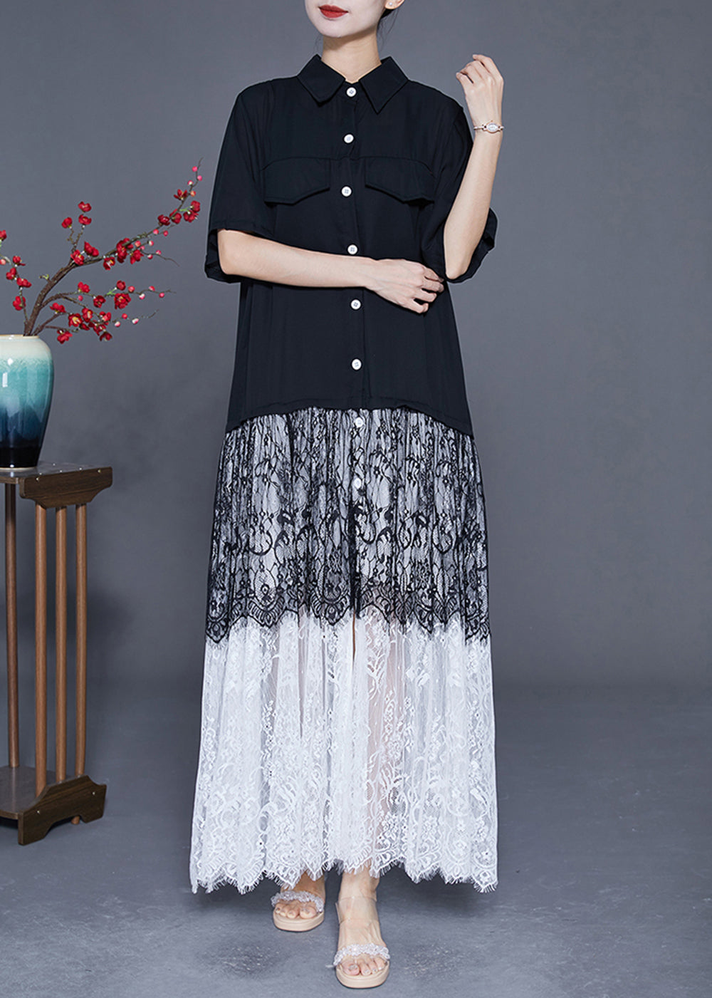 Style Black Peter Pan Collar Lace Patchwork Chiffon Long Dress Summer LY3645 - fabuloryshop