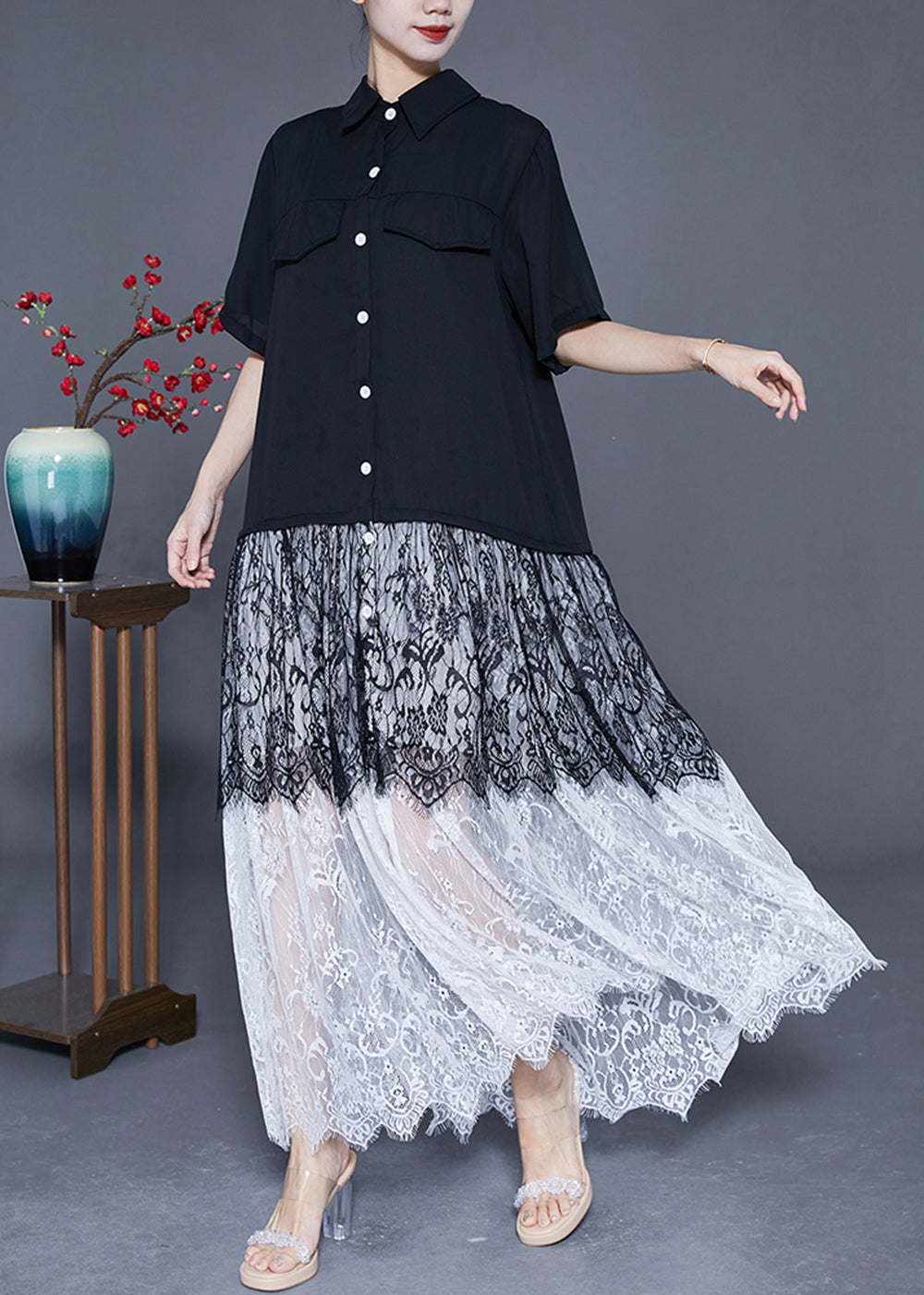 Style Black Peter Pan Collar Lace Patchwork Chiffon Long Dress Summer LY3645 - fabuloryshop