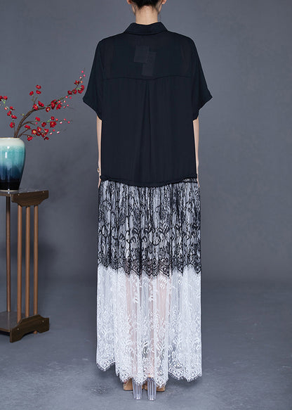 Style Black Peter Pan Collar Lace Patchwork Chiffon Long Dress Summer LY3645 - fabuloryshop