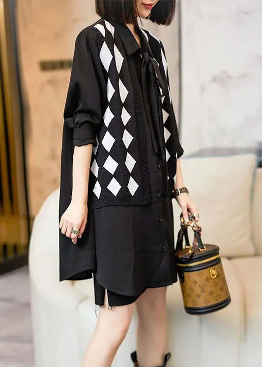 Style Black Peter Pan Collar Patchwork False Two Pieces Cotton Shirt Top Long Sleeve Ada Fashion