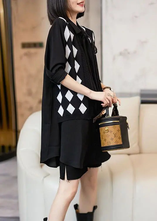 Style Black Peter Pan Collar Patchwork False Two Pieces Cotton Shirt Top Long Sleeve Ada Fashion