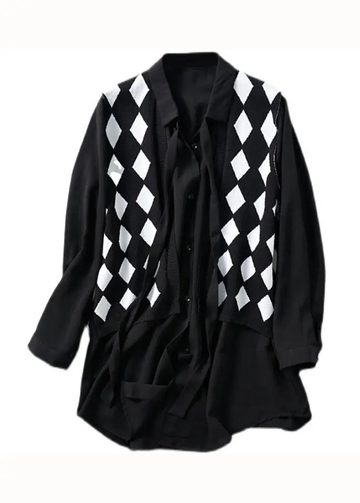 Style Black Peter Pan Collar Patchwork False Two Pieces Cotton Shirt Top Long Sleeve Ada Fashion