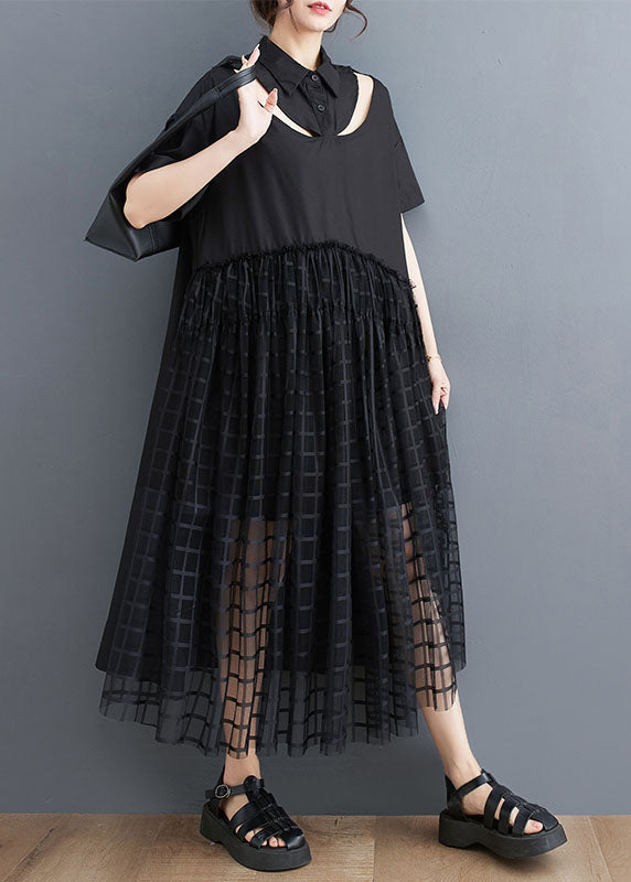 Style Black Peter Pan Collar Patchwork Tulle Shirts Dress Summer LY3950 - fabuloryshop