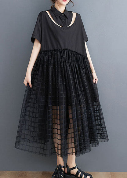 Style Black Peter Pan Collar Patchwork Tulle Shirts Dress Summer LY3950 - fabuloryshop