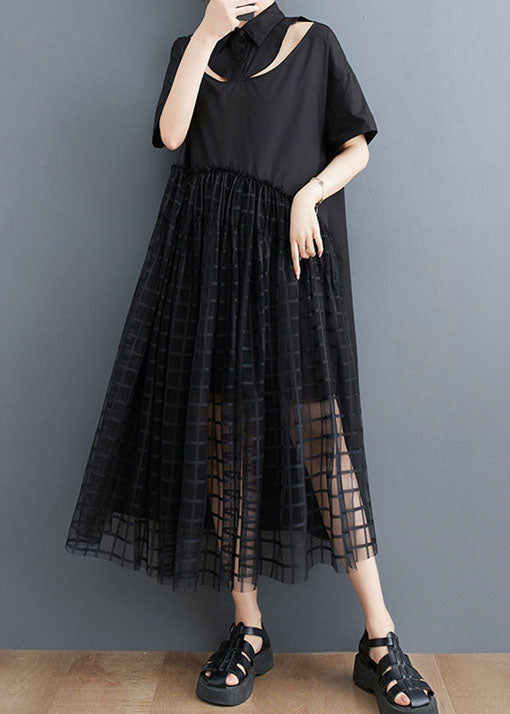 Style Black Peter Pan Collar Patchwork Tulle Shirts Dress Summer LY3950 - fabuloryshop